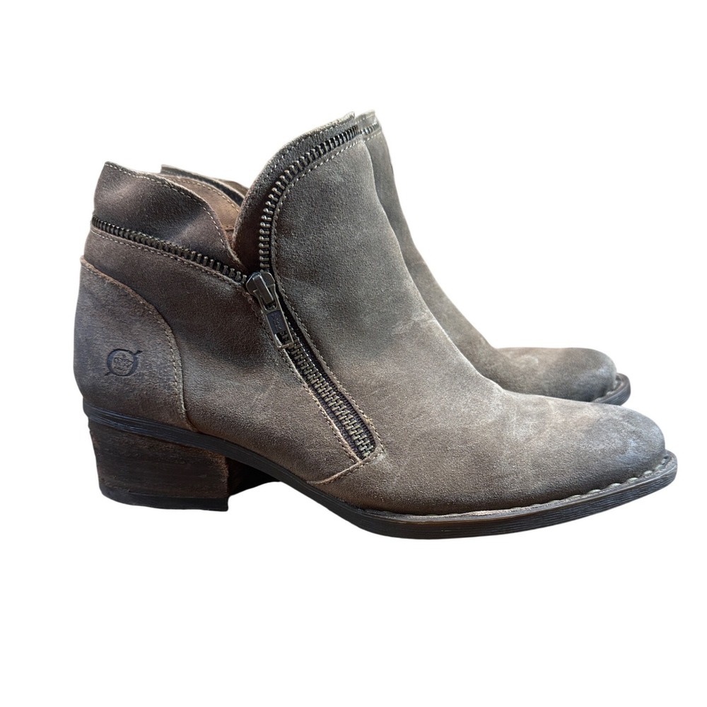 Born Montoro II Taupe Suede Ankle Booties Dual Zip Low Block Heel Size 8/39